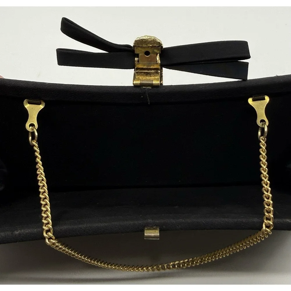 Vintage Black Satin Evening Clutch Gold Chain Strap Ornate Clasp Formal Handbag‎